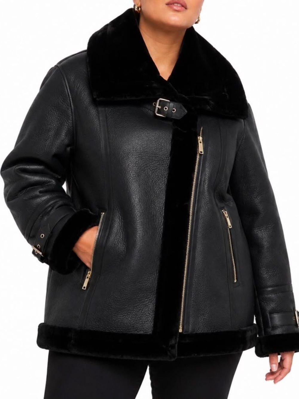 NWT River Island Womens 18 Black Faux Leather Fur Aviator Biker Jacket Buckle